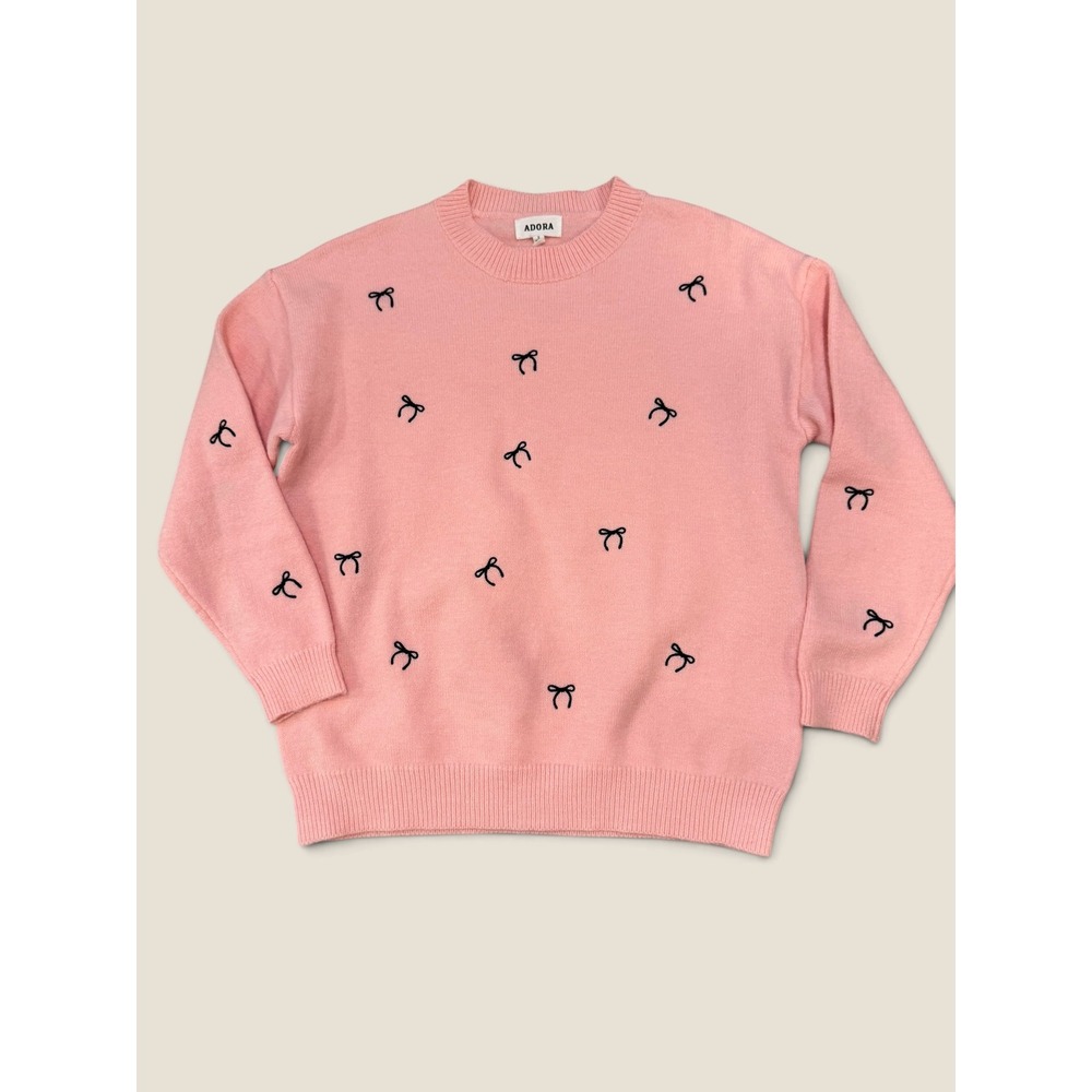Adora Pink Crewneck Sweater Black Embroidered Bows Relaxed Fit Small